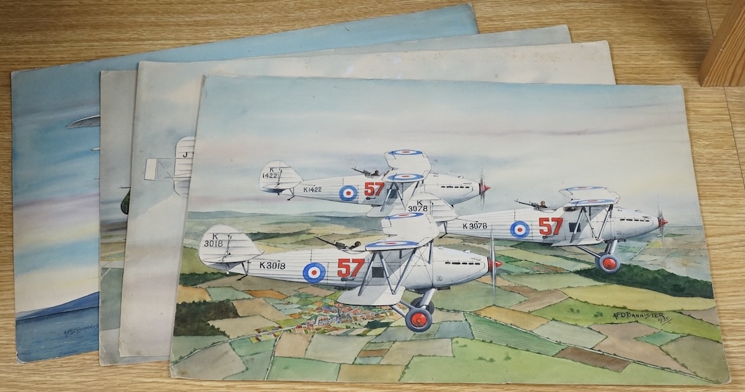 A F D Bannister, set of four original watercolours for postcard designs, 1930's RAF aircraft to include Hawker Hart fighters, Fairey Hendon Bomber and Super Marine Scapa Flying Boat, two signed and dated 1935, 30 x 46cm,